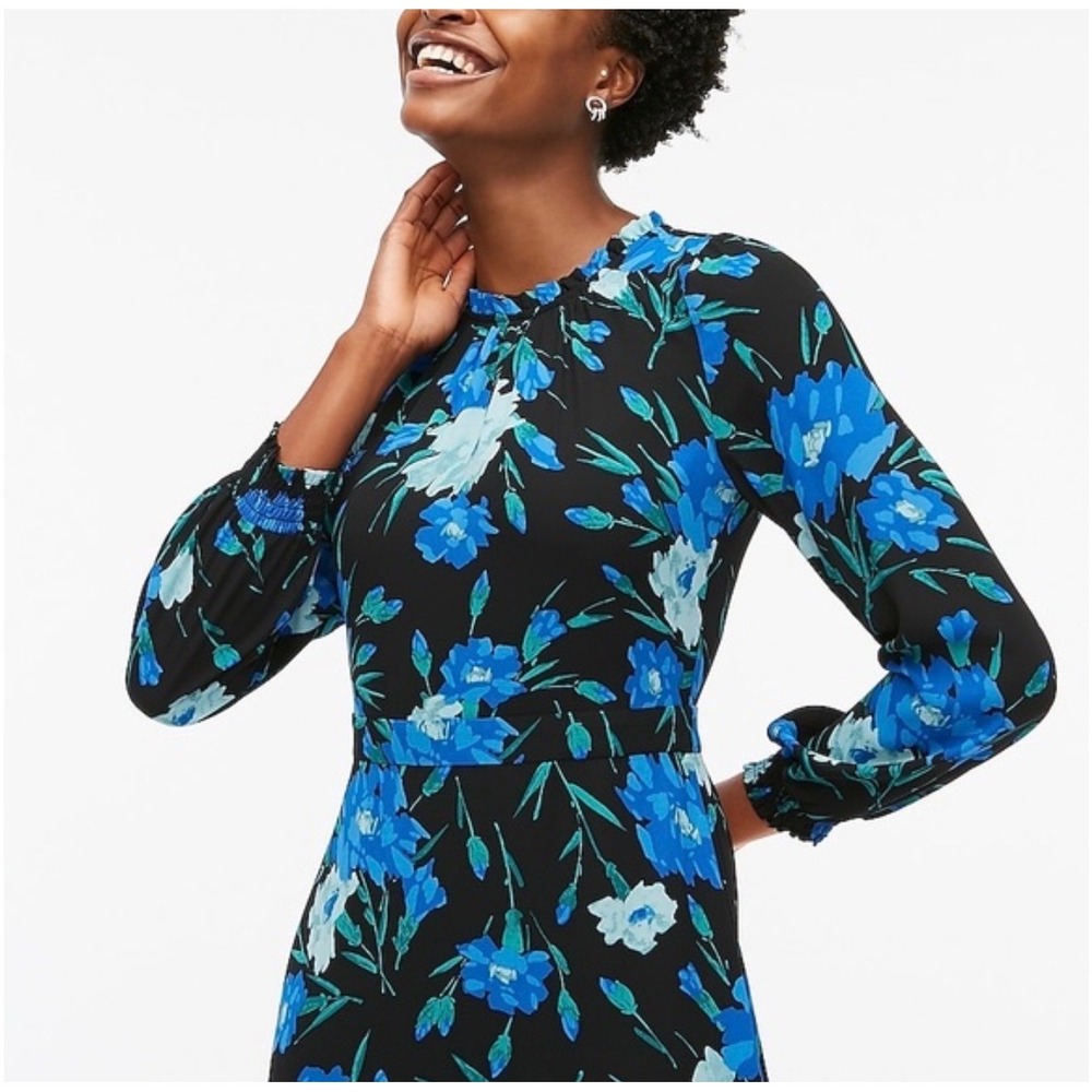 J.Crew Blue Floral Ruffle Neck Long Sleeve Midi Dress Black Teal A-Line